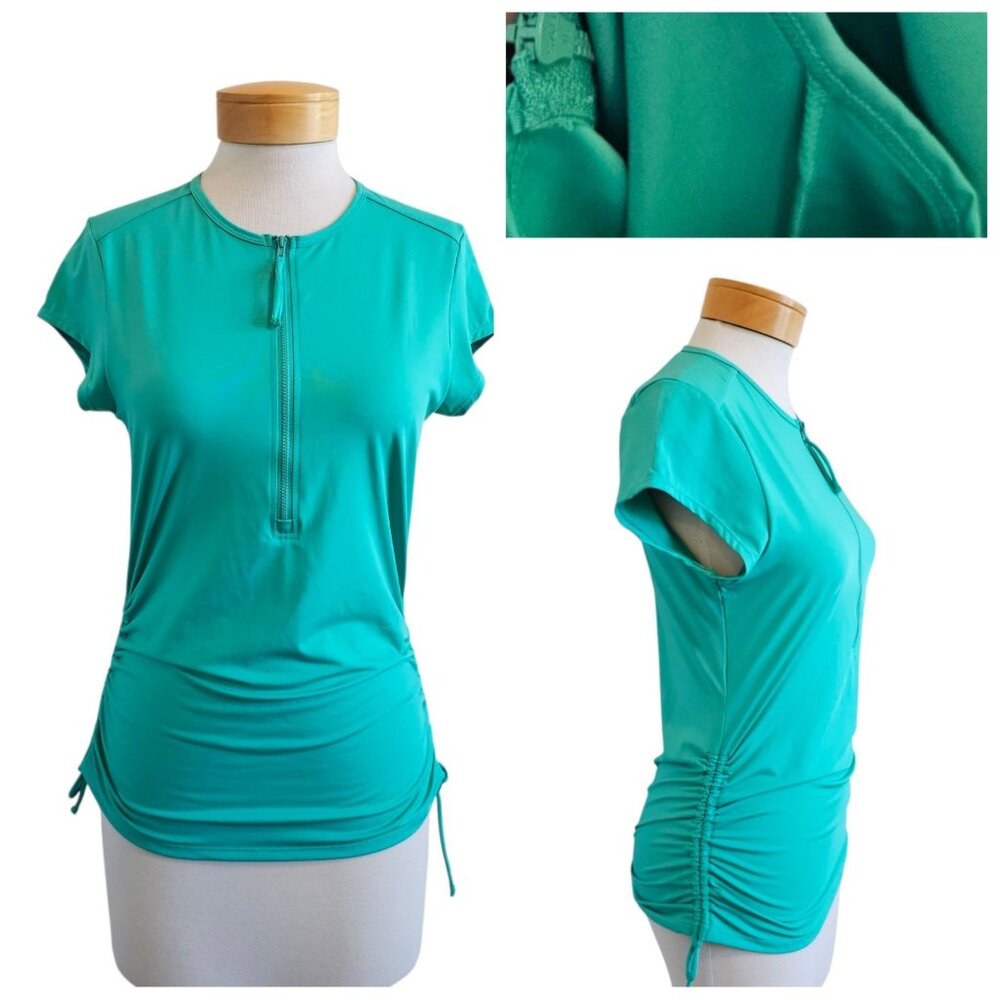 Carve Designs Dawson Green Cinch Side Zip Front Modest Swim Top Rash Guard M